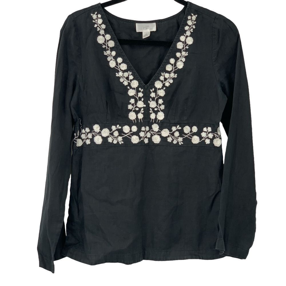 Ann Taylor LOFT Long Sleeve V-Neck Embroidered Linen Top Black Floral Boho 6